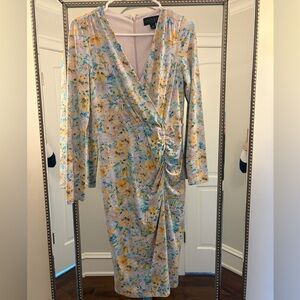 Laundry By Shelli Segal Yellow and Blue Floral Long Sleeve Dress
